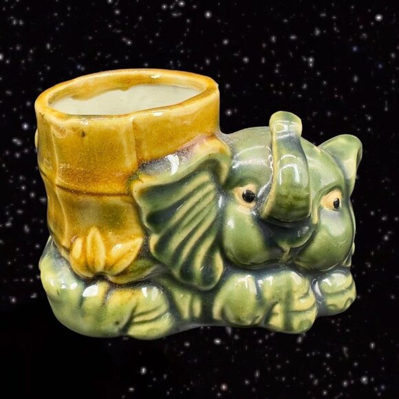 Majolica Ceramic Planter Vase With Figural Elephant Animal Vintage 5”W 3”T - Picture 10 of 12